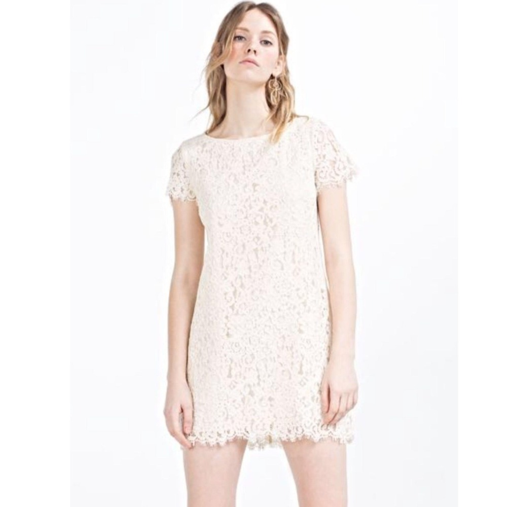 Zara Woman Ivory Lace Dress, Lined, Short Sleeve, Casual Party, Size‎ XS